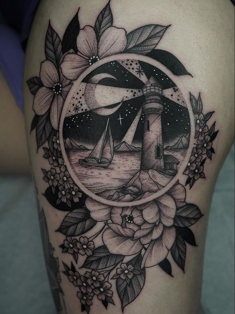 Nature tattoo by Kyle Stacher aka Thief Hands #KyleStacher #ThiefHands #illustrative #linework #nature #organic #fineline #dotwork #flower #floral #leaves #lighthouse #ship #moon #stars | Apr 18th 2019 | 951271 Aztec Theme Tattoo, Wanderlust Tattoo Sleeve, Moon Pinup Tattoo, Ocean Theme Tattoo, Lighthouse Tattoo, Nature Tattoo, Theme Tattoo, Nautical Tattoo, Floral Leaves