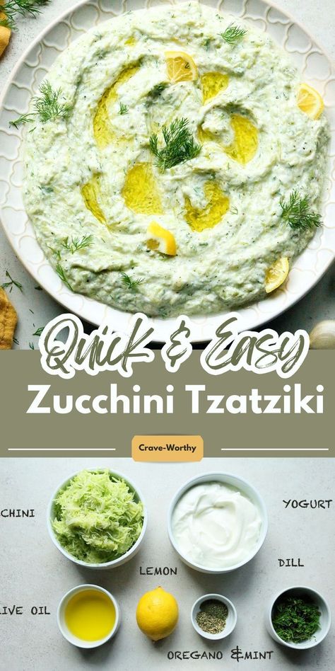 This Zucchini Tzatziki is made with shredded zucchini sauteed in garlic and olive oil and then added to creamy yogurt with lemon, herbs, and spices. Enjoy this savory side dish with your favorite Mediterranean meals. #tzatziki #zucchini #zucchinirecipes #vegetarian Zucchini Sauteed, Roasted Zucchini Recipes, Meze Recipes, Zucchini Dip, Tzatziki Dip, Mediterranean Dinner, Tzatziki Sauce Recipe, Garlic And Olive Oil, Mediterranean Meals