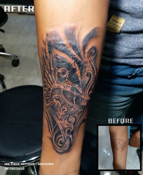 Scar Cover up Tattoo Done at Ink Fixer Tattoos | Mathura  Best Tattoo Studio in Mathura  #scarcoverup #masktattoo #warriortattoo #besttattoo #coveruptattoo #wingstattoo #forearmtattoo #tattooshopinmathura #tattoomakerinmathura #tattooartistinmathura #tattoostudioinmathura #tattooparlourinmathura #vrindavan #tattooshopinvrindavan #tattooartistinvrindavan #tattoostudioinvrindavan #mathura #inkfixertattoos #inkfixertattoostudio #besttattoostudioinmathura #besttattooartistinmathura #besttattooshopin Krishna Cover Up Tattoo, Scar Cover Up Tattoo, Tattoo Fixers, Scar Cover Up, Up Tattoo, Tattoo Artwork, Piercing Shop, Cover Up Tattoo, Up Tattoos