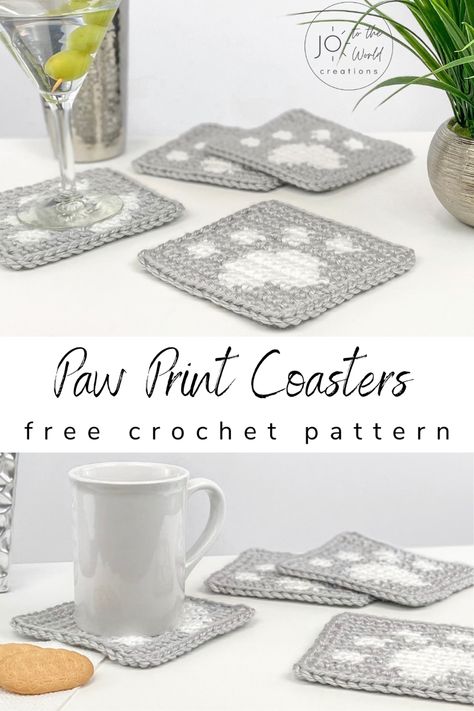 Here’s a paw-fect crochet gift idea…Paw Print Crochet Coasters! It’s a fun, quick, easy free pattern and tutorial, great for beginners. Learn how to crochet coasters and change colors in crochet (colorwork) with this simple square coaster set that makes a wonder-fur DIY gift for men, women, friends – any pet/animal lover! Crochet Coaster Set With Holder Free Pattern, Gift Ideas For Women Friends, Paw Print Crochet, Diy Gift For Men, Crochet Gift Ideas For Women, Paw Print Pillow, Crochet Colorwork, Paw Crochet, Pillow Cover Crochet Pattern