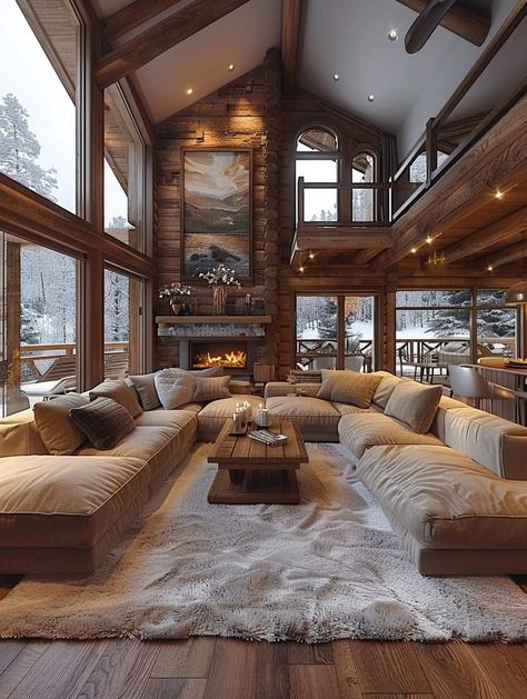 Family Room With Cathedral Ceiling, Interior Design Chalet, Future Home Ideas Interior Design, Luxury Cottage Interior, Must Have House Features, Cozy Big House, Mountain Home Aesthetic, Rustic Interior Design Living Room, Cool Home Features