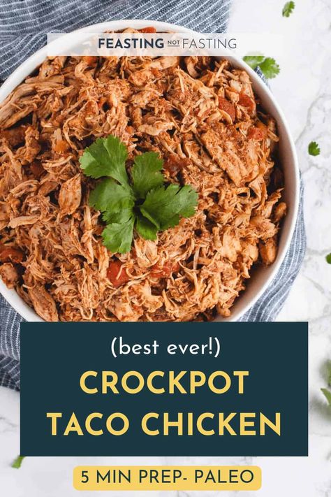 Crockpot chicken tacos are made with minimal ingredients and cooked in the crockpot for the easiest weeknight meal you’ll ever make! Tender, juicy, and full of flavor, the shredded chicken taco meat is perfect for stuffing in tortillas, sprinkling over nachos, and more. Start a batch in just a few minutes for a satisfying dinner the whole family will love. via @Feasting Not Fasting Taco Meat Chicken, Crockpot Taco Meat Chicken, Chicken Taco Meat In Crockpot, Crockpot Chicken Burritos, Chicken Taco Meat, Chicken Taco Meat Crockpot, Crockpot Taco Meat For A Crowd, Shredded Chicken Tacos Crockpot, Crockpot Chicken Tacos For A Crowd