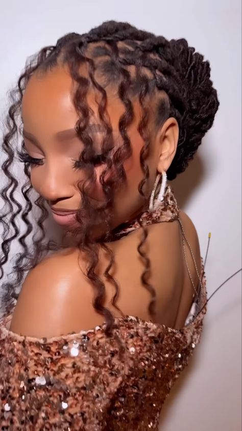 Chloe Bailey Hairstyles Locs, Loc Styles With Dress, Formal Hairstyles For Long Locs, Dreadlock Wedding Styles, Dreadlock Hairstyles For Graduation, Loc Low Bun Wedding, Wedding Hair Dreads Black Women, Chloe And Halle Hairstyle, Locs Wedding Hairstyles Bridesmaid