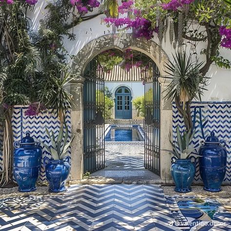 Spanish House Aesthetic, Italian Entrance, Verandah Tiles, Mexican House Exterior, Mediterranean Style Garden, Persian House, Spanish Aesthetic, Italy Garden, Veranda Ideas