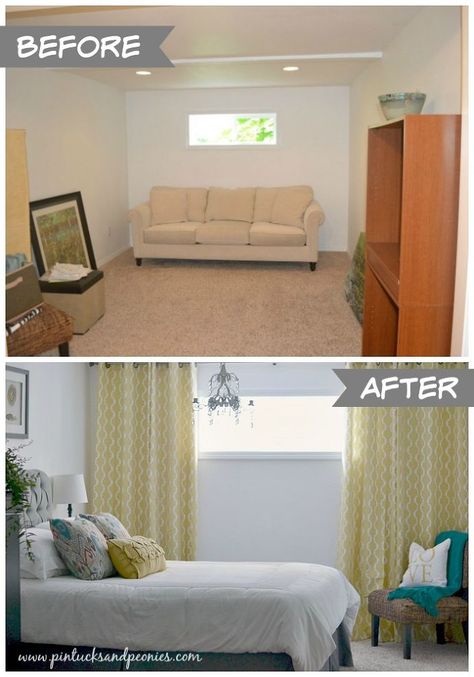 Super Simple Tips for Decorating a Room From Scratch! :: Hometalk Basement Window Curtains, Basement Window Treatments, Small Window Treatments, Basement Window, Diy Bamboo, Basement Guest Rooms, Window Curtains Bedroom, Diy Window Treatments, Bedroom Blinds