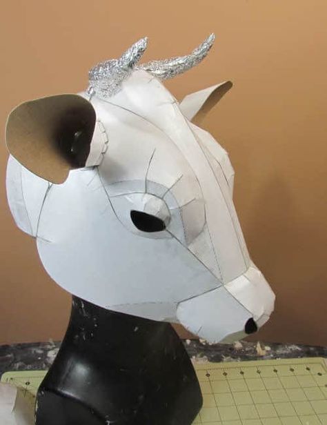 Cow Mask Pattern | Ultimate Paper Mache Bull Mask Diy, Paper Mache Animal Mask, Cow Paper Craft, Paper Mache Mask Ideas, Paper Mache Mask Diy, Paper Mache Cow, Cardboard Animal Head, Cow Puppet, Paper Mache Ideas