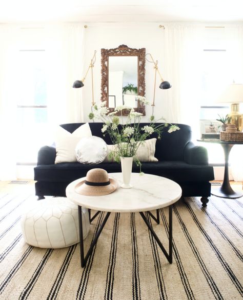 A Summer Home Tour Velvet Sofa Living Rooms, Black Velvet Sofa Living Rooms, Sofa Living Rooms, The Nester, Black Velvet Sofa, Tall Lamps, Old Lamps, Black Sofa, Sofa Living