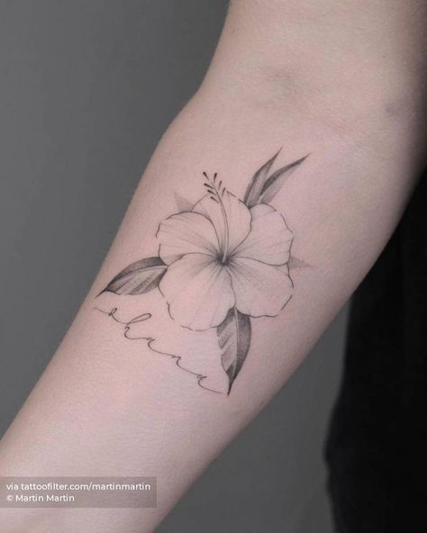 Hibiscus flower + "Ohana" tattoo on the inner forearm Ohana Tattoo With Flower, Line Hibiscus Tattoo, Fine Line Hibiscus Tattoo, Ohana Tattoo, Hibiscus Tattoo, Inner Forearm, Back Of Shoulder Tattoo, Ohana Means Family, Hawaiian Culture