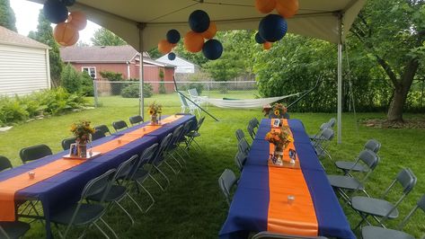 Graduation tent orange and blue Orange And Blue Party Ideas, Blue And Orange Graduation Party Ideas, Graduation Party Tent, Blue Graduation Decorations, Grad Brunch, Blippi Birthday Party, Blue Graduation Party, High School Graduation Party Decorations, Backyard Graduation Party