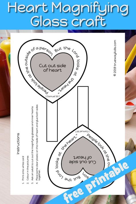 God looks at the heart Bible craft for kids. Free printable template. Print onto white card, glue and color. God Sees The Heart Craft, David Preschool Craft, God Cares For Me Craft, King David Bible Craft, Heart Craft For Preschool, David Is Anointed King Craft, David Is Chosen As King Craft, God Loves Us Crafts For Kids, Chosen By God Craft