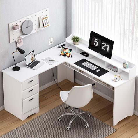 PRICES MAY VARY. 【Spacious Workspace and Storage Space】: Our white L shaped desk with 60” x 60” desktop can provide enough space for 4 monitors. This L shaped desk with 3 drawers and shelf maximally utilizes your space and provide enough space for storing books, files. 【Reversible Monitor Stand】: The monitor stand is reversible, and you can work on either the right or left side. The movable computer monitor stand is designed to an appropriate height, providing a more comfortable and ergonomic wo White Corner Desk Office, White Corner Desk In Bedroom, L Shape Desk With Drawers, L Shaped Desk White, L Shape Study Table Design Bedroom, L Desks, Desktop Table Ideas, L Shape Desk Ideas, Ideas For Study Table