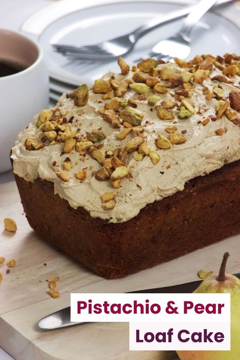 A delicious, moist loaf cake with the perfect balance of flavors - pistachios, pears, chocolate chips, cream cheese frosting, and a hint of coffee. Pear Pistachio Cake, Cake With Coffee Frosting, Pear Loaf Cake, Pear Loaf, Pear Chocolate, Coffee Frosting, Cake With Coffee, Coffee Flavors, Mascarpone Frosting