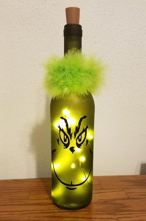 Grinch lighted wine bottle | Etsy Grinch Wine Bottle, Wine Bottle Crafts Diy, Grinch Breakfast, Repurposed Bottles, Christmas Bottles, Cube Decor, Wine Bottle Crafts Christmas, Bottle Projects, Grinch Decorations