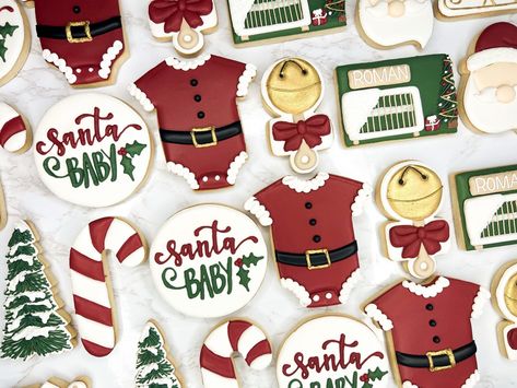 Santa Baby Cookies Decorated, Gingerbread Gender Reveal Cookies, Santa Baby Cookies, December Baby Shower Ideas, Gender Reveal Cookies, December Baby, Shower Cookies, Christmas Baby Shower, Cookies Christmas