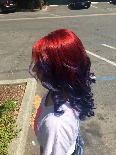 Ruby red to inidgo to sapphire blue ombre Red Roots Purple Hair, Red Hair With Blue Tips, Silly Hairstyles, Red And Blue Hair, Blue Tips Hair, Blue And Red Hair, Blue Ombre Hair, Ash Hair Color, Pretty Hair Color