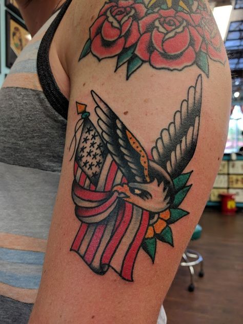 American Flag Traditional Tattoos, American Pride Tattoo, American Traditional Eagle, Downtown Tattoo, Traditional Eagle, Eagle And Flag, Pride Tattoo, Flag Tattoo, Eagle Tattoos