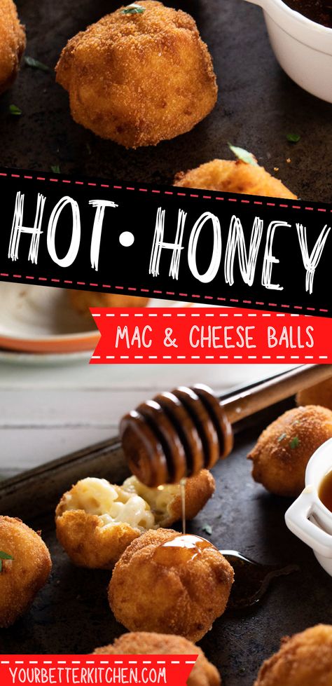 Our mac and cheese balls with hot honey are super-cheesy and reheat perfectly in the air fryer. The hot honey takes just 5-minutes to make (and 15 minutes to cool down). Hot Honey Mac And Cheese, Hot Honey Tenders With Mac And Cheese, Appetizers Using Hot Honey, Hot Honey Cheese Bites, Hot Honey Appetizer Recipes, Deep Fryer Recipes, Mac N Cheese Balls, Making Mac And Cheese, Honey Sauce