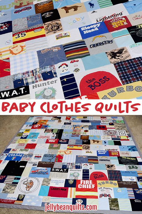 a How To Make A Quilt Out Of Baby Clothes, Onesie Blanket Memory Quilts, Blanket Made From Baby Clothes, Blanket From Baby Clothes, Quilt Made From Baby Clothes, Baby Clothes Quilt Ideas, Quilt With Baby Clothes, Onesie Blanket, Quilt From Baby Clothes