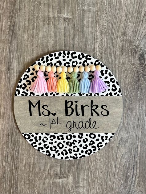 White Leopard door hanger🐆 with pastel rainbow tassel 🖤 All signs are made from real wood that is 1/4" thick! Size options: 12"      14"      18" Shut The Door Sign, Wooden Teacher Signs, Classroom Door Hangers, Leopard Classroom, Leopard Door Hanger, Teach Gifts, Rainbow Door Hanger, Butterfly Door Hanger, Cricut Project Ideas