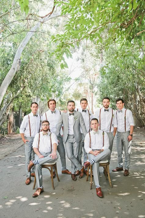 Bohemian Malibu wedding: Cora + David Groomsmen In Shirt And Tie, Guys Wedding Tuxedos, Bohemian Wedding Groomsmen, Light Grey Suit Green Tie Wedding, Light Gray Groomsmen Suits Suspenders, Bohemian Wedding Outfit Men, Gray Suit With Suspenders, Grey Suit Suspenders Wedding, Grey Pants And Suspenders Wedding