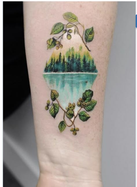 Watercolor Tattoo Mountain, Scenery Tattoo Women, Eclectic Tattoos, Lake Superior Tattoo, Lake Tattoo Ideas, National Park Tattoo, Three Person Tattoo, Tattoo Ideas Nature, Traveler Tattoos