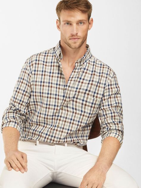 SLIM GINGHAM CHECK SHIRT WITH LEATHER ELBOW PATCHES Modern Menswear, Office Men, Preppy Men, Ginger Men, Plaid Shirt Men, Retro Mode, Mens Fashion Casual Outfits, Men Style Tips, Men Fashion Casual Outfits