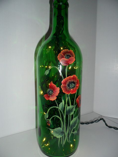 Painted Bottles With Lights Inside | Poppy Lighted Wine Bottle Hand Painted 750 ml | Flickr - Photo Sharing ... Glassware Crafts, Painted Glass Bottles, Hand Painted Wine Bottles, Recycled Wine Bottles, Hand Painted Bottles, Glass Painting Designs, Wine Bottle Art, Glass Bottles Art, Wine Bottle Diy Crafts