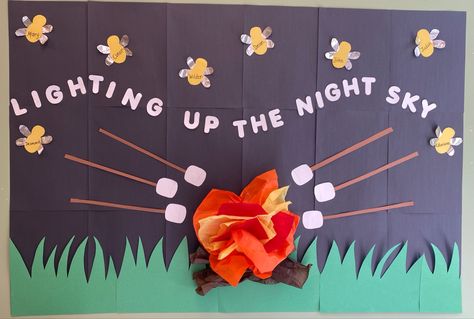 Flashlight Bulletin Board Ideas, Lightning Bug Bulletin Board, Campfire Bulletin Board Ideas, Fireflies Bulletin Board, Fireflies Classroom Decor, Campfire Classroom Theme, Firefly Door Decoration, Campfire Bulletin Board, Fireflies Classroom Theme