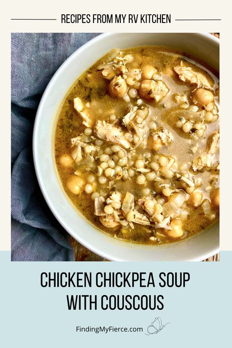 This Chicken Chickpea Soup with Couscous is a powerhouse of nutrients and flavors that come together in less than 30 minutes. The secret? Rotisserie chicken, a staple in my RV kitchen, along with a few canned ingredients mixed with warming spices in a tangy broth. Cinnamon and cumin bring on the earthy spicy notes, the chickpeas and couscous add texture, protein and fiber while the garlic and onion further build up the flavor making this a rich and comforting soup for any season. Couscous Soup Recipes, Couscous Soup, Chicken Soup With Chickpeas, Chicken Couscous Soup, Soups With Couscous, Chicken Couscous Soup Recipes, Low Fat Chicken, Chicken Chickpea, Rotisserie Chicken Breast