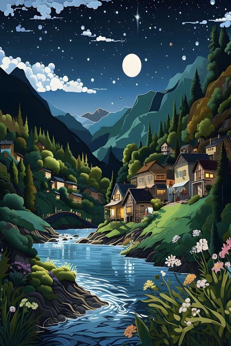 Whimsical Village by the River - Mysterious Fantasy Landscape with Moon and Mountains. A captivating scene of a village nestled in the embrace of a river and majestic mountains. Featuring a house on a hill, a whimsical moon, and vibrant floral highlights. Experience the enchantment of this fantasy landscape. Landscape With Moon, Moon And Mountains, Village Drawing, Magical Sky, Nature Canvas Art, Flowing River, Mountain Drawing, Serene Nature, Moonlit Sky