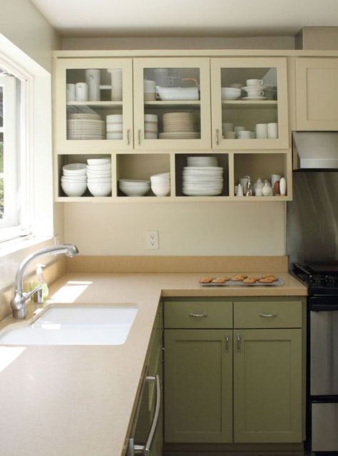 An Open Shelving Twist: Cabinet Cubbies — Kitchen Inspiration Kitchen Spotlights, Two Tone Kitchen Cabinets, Two Tone Cabinets, Upper Kitchen Cabinets, Two Tone Kitchen, Kabinet Dapur, Open Kitchen Shelves, White Dishes, Upper Cabinets