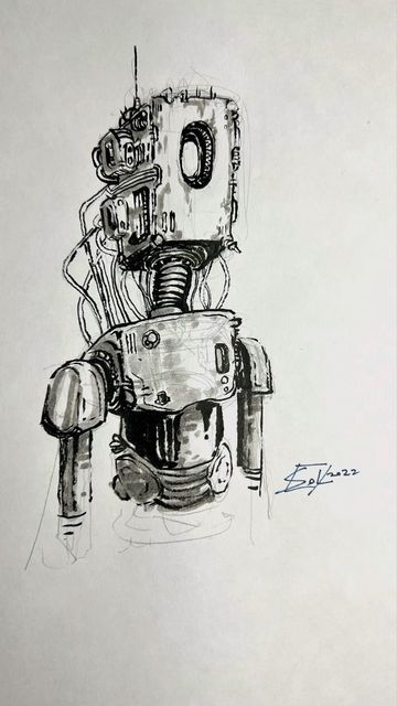 Warpsol on Instagram: "Here’s a 20 min bot. Uwu - #robot #brushpen #art #artistsoninstagram #sketching #practice #paperplanes #drawing" Paperplanes Drawing, Robot Art Drawing Sketch, How To Draw A Robot, Robot Drawing Reference, Robot Drawing Sketches, Cute Robot Drawing, Robot Drawing Ideas, Robots Art Drawing, Robotic Drawing