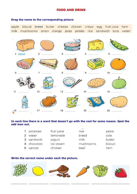 Food and drinks interactive activity for A1. You can do the exercises online or download the worksheet as pdf. Food And Drink Worksheet For Kids, Go Grow And Glow Foods Worksheet, Food And Drink Worksheet, Food Worksheets For Kids, English Liveworksheet, Food Worksheet, Chicken Crisps, Food Vocabulary, Food Activities