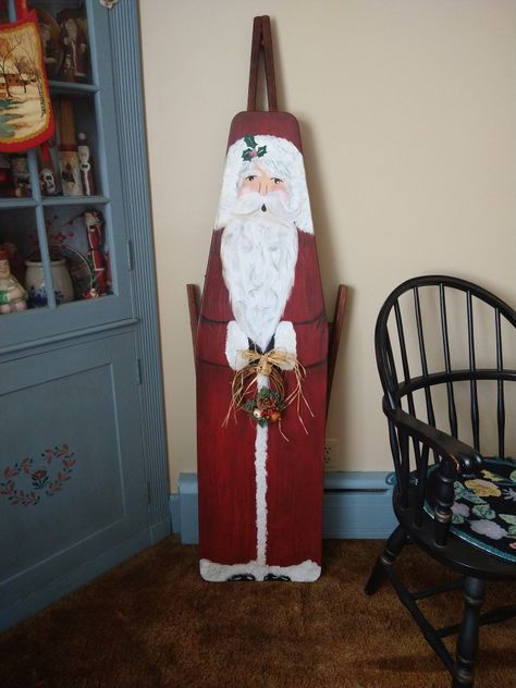 Santa Painted On Wood Ironing Boards, Santa Painted On Ironing Board, Painted Ironing Board, Porch Sitters, Santa Paintings, Wood Christmas Decorations, Painted Santa, Ironing Boards, Santa Crafts