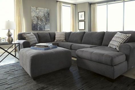 Stunning Slate Grey Sectional with oversized Ottoman Grey Sectional Sofa Living Room, Chaise Lounge Living Room, Leather Chaise Lounge, Grey Couch Living Room, Grey Sectional Sofa, Cool Couches, Sectional Sofas Living Room, Grey Sectional, Living Room Collections