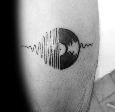 Small Leg Sound Wave Gentleman With Vinyl Record Tattoo Small Record Tattoo, Music Wave Tattoo, Vinyl Tattoo Ideas, Music Tattoo Designs Men, House Music Tattoo, Vinyl Record Tattoo, Grandad Tattoo, Record Tattoo, Record Player Tattoo