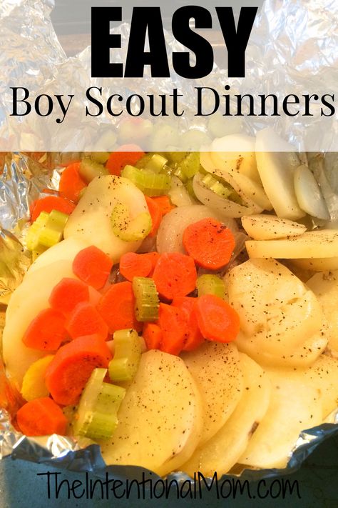 Boy Scout Dinners are a quick and easy meal that will please all the troops. Hamburger, potatoes, carrots, onions, and celery and you've got this SIMPLE and TASTY meal Quick Hamburger Recipes, Boy Scout Activities, Easy Camping Breakfast, Healthy Breakfast Bowl, Boy Scout Camping, Camping Hacks Food, Foil Dinners, Camping Dinners, Easy Camping Meals