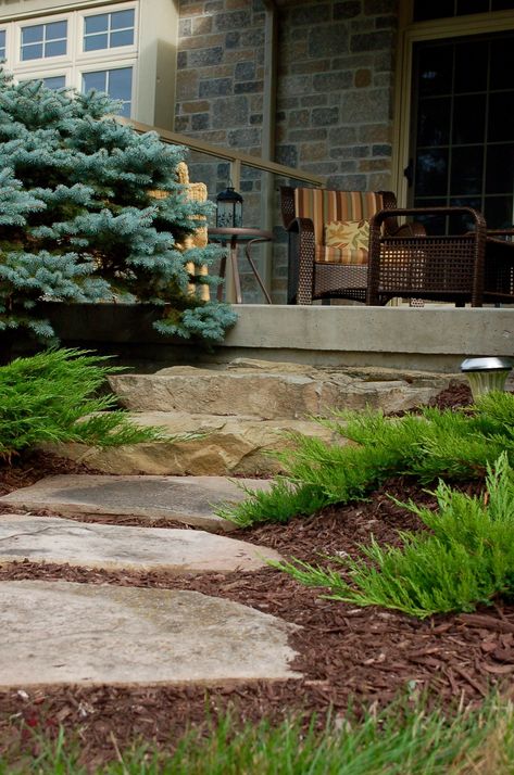 Front Entry from natural stone Natural Stone Walkways To Front Door, Flagstone Porch Steps Front Entry, Natural Stone Front Steps, Flagstone Steps Front Entrances, Armour Stone Steps, Natural Stone Steps Front Door, Rock Steps Porch Front Entry, Flagstone Walkway To Front Door, Flagstone Landing