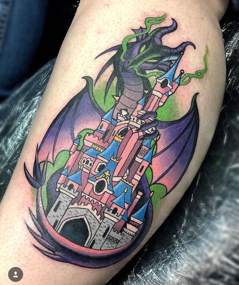 Sleeping Beauty And Maleficent Tattoo, Maleficent And Dragon Tattoo, Maleficent Castle Tattoo, Princess Castle Tattoo, Sleeping Beauty Castle Tattoo, Dragon And Castle Tattoo, Maleficent Dragon Tattoo, Disney Villain Tattoo Sleeve, Sleeping Beauty Tattoo