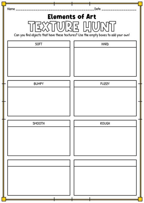 Texture Worksheet Art, Art Lesson Texture, Kindergarten Texture Art Lesson, Texture Worksheet, Elements Of Art Texture, Texture Art Projects, Formal Elements Of Art, 7 Elements Of Art, Instructional Materials