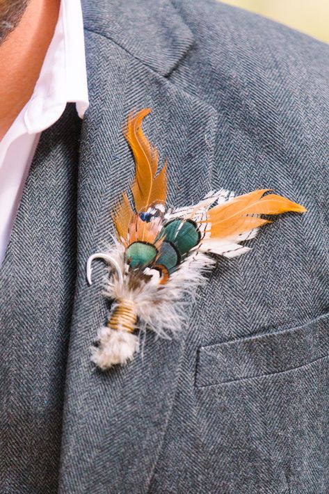 Fish Hook Boutonniere, Fishing Boutonniere Wedding Ideas, Fishing Themed Boutonniere, Feather Boutineer Groomsmen, Boutineer With Duck Feather, Fly Fishing Boutonniere, Fishing Boutonniere, Fishing Wedding, Rustic Wedding Diy