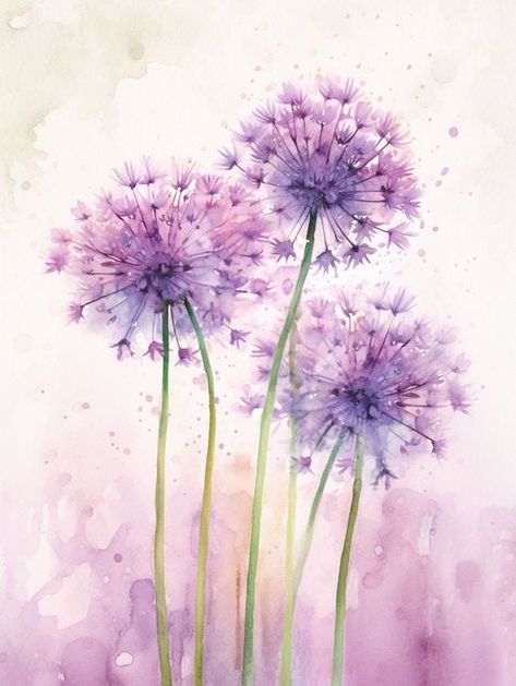 Purple Flowers Watercolor Painting, Purple Wall Art Printables, Allium Wallpaper, Purple Flower Watercolor, Purple Flower Art, Purple Allium, Lilac Art, Watercolour Flower, Purple Painting