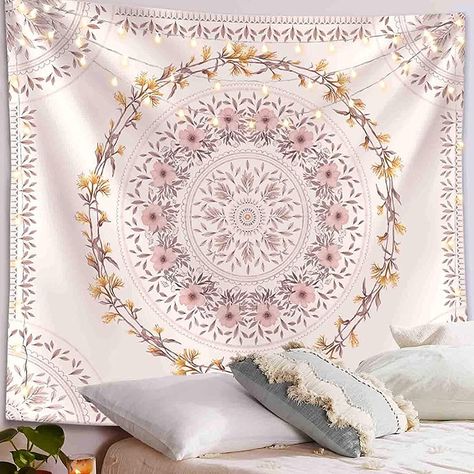 PRICES MAY VARY. BEAUTIFUL BEDROOM DECOR - An artistic bohemian tapestry with dotted daisy medallion print. beautiful, individual, convenient, easy to replace and clean, and does not damage the wall. HIGH QUALITY TAPESTRY - This sketched flower plant tapestry is made from environmental-friendly polyester fabric, which is soft, skin-friendly and lightweight. Super durable and no fading. MULTIPURPOSE IN USAGE-It is not just a wall hanging tapestry , it can also be used as a picnic blanket, bed cov Aesthetic Wreath, Cream Wall Decor, Light Brown Aesthetic, Blanket For Bedroom, Beautiful Bedroom Decor, Mandala Floral, Hippie Tapestry, White Bohemian, Cream Walls