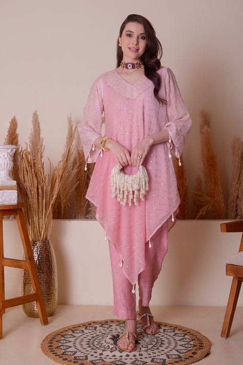 Shop for these amazing collections of Pink Kurta And Pant Mul Chanderi Embroidery Stripe Pattern Asymmetric & Set For Women by Surabhi Arya online at Aza Fashions. Dubai Bling, Cotton Suit Designs, Asymmetric Kurta, Wedding Outfits For Women, Coord Sets, Pink Kurta, Latest Dress Design, Designer Kurti Patterns, Peony Pink