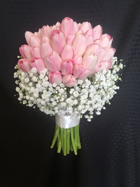 Tulips and baby's breath Tulips With Baby Breath, Tulip Baby Breath Bouquet, Tulips And Baby Breath Bouquet, Pink Babybreath Bouquet, Pink And White Tulip Bouquet, Tulip Wedding Bouquet Pink, Pink Tulips And Baby Breath, Pink Roses And Baby Breath Bouquet, Baby Breath Bouquet