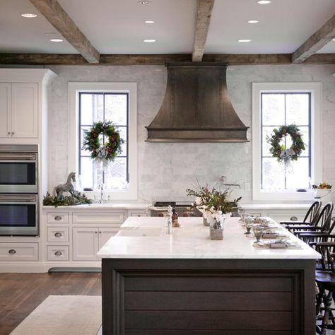 Bell Kitchen and Bath Studios - traditional - kitchen - atlanta - Barbara Brown Photography- Range hood between windows Ideas Pictures, Kitchen Designs, Kitchen Ideas, Stove, Kitchen Remodel, Beams, Design Ideas, Oven, Layout