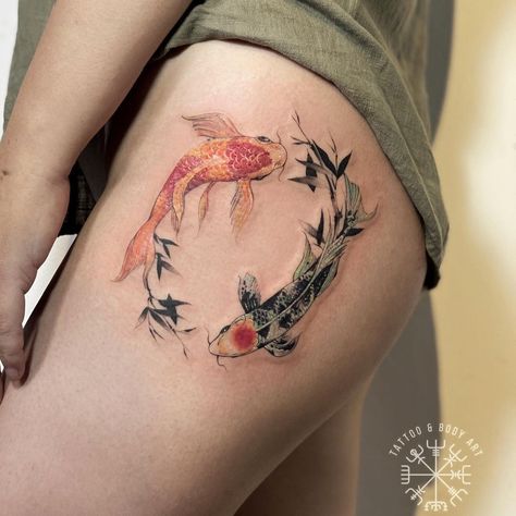 Koi Fish With Flowers Tattoo, Koi Fish With Flowers, Yin Yang Koi Fish Tattoo, Animal Thigh Tattoo, Tree Thigh Tattoo, Owl Thigh Tattoos, Lace Thigh Tattoos, Girl Flower Tattoos, Yin Yang Koi Fish