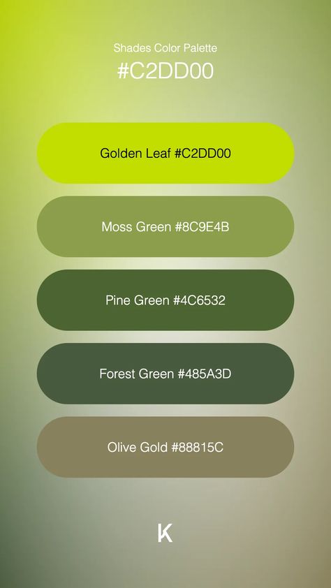 Shades Color Palette Golden Leaf #C2DD00 · Moss Green #8C9E4B · Pine Green #4C6532 · Forest Green #485A3D · Olive Gold #88815C Forest Green Hex Code, Green Colour Palette With Hex Codes, Leaf Green Color Palette, Green Color Pallete Hex Code, Neon Green Hex Code, Autumn Leaf Color, Hex Color Palette, Golden Leaves, Hex Colors