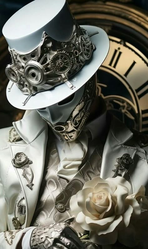 Steampunk Outfits Male, Junkanoo Costume, Clock Character, Vampire Nosferatu, Steampunk Plague Doctor, Mask Design Ideas, White Masks, Steampunk Illustration, Black Power Art