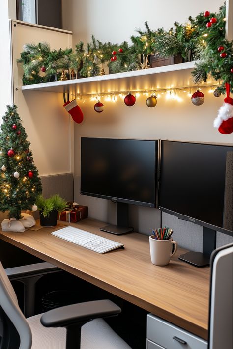 A mini Christmas tree is the perfect way to bring holiday cheer to your office cubicle. Imagine a cozy corner with twinkling lights and tiny baubles right on your desk—it’s simple, charming, and makes a big impact. Would you go for a pre-lit tree, or decorate it yourself for a personal touch? Work Desk Christmas Decorations, Christmas Work Desk Decorations, Workplace Christmas Decorations, Office Desk Christmas Decor, Christmas Cubicle Decor, Desk Christmas Decorations, Desk Decor Ideas Office Cubicle, Desk Decor Ideas Office, Cubicle Decor Ideas